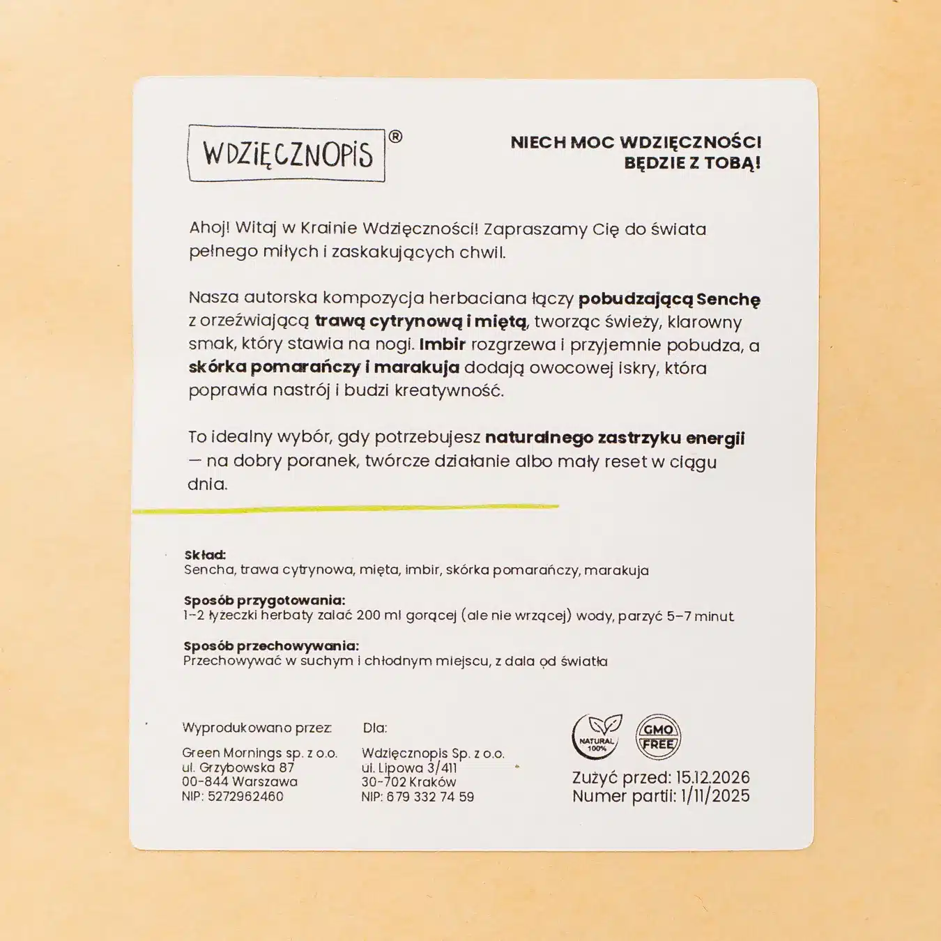 czuje energie herbata sencha tyl etykieta